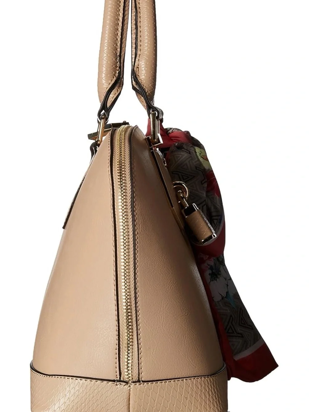 ALDO Beige Satchel with Coral Floral Scarf Accent